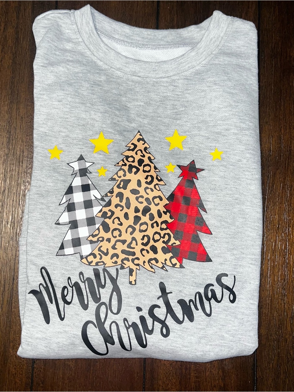 Women’s Gray Sweater w/ Christmas Trees Plaid Animal Print (M)